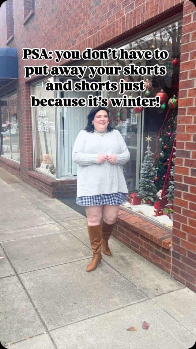 I’m telling you right now…pair your skorts and shorts from the summer with oversized sweaters or blazers + tall boots and they become year round pieces of clothing for your closet.  I love being able to take my summer clothes and style them into plus size outfits for winter!  #plussizeoutfits #plussizeoutfitideas #winteroutfitideas #plussizestyle #size22style #plussizeootd #psootd